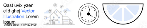 Smart home, time management, home technology, automation, schedules, connected devices. A house with network symbols, a clock and a citrus slice. Smart home and time management concept