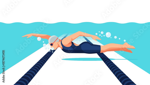 Dynamic swimmer in pool performing butterfly stroke in flat design