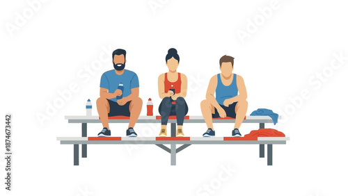 Three athletes relaxing on bleachers with water bottles in minimalist design