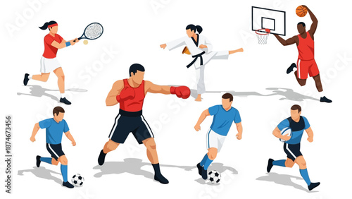 Dynamic sports figures engaged in various activities captured in modern flat design