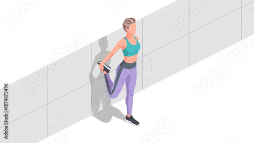 Isometric fitness woman stretching against wall in athletic wear