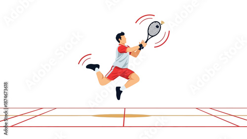 Dynamic tennis player jumping with racket on court background