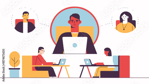 Remote team collaborating online with laptops in modern workspace