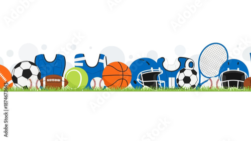 Colorful sports equipment on grass with bubble background