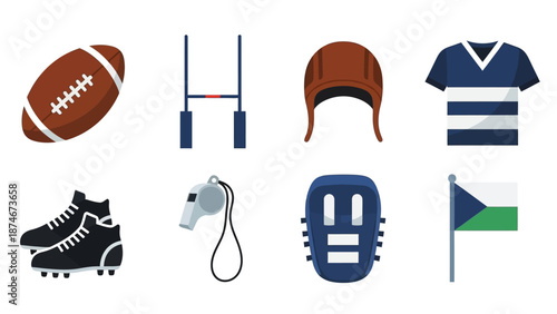 American football equipment and icon set featuring flat style illustrations