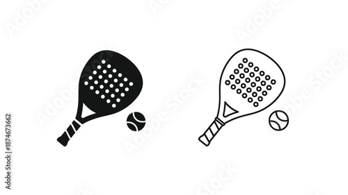 Two padel rackets and balls a minimalist black and white illustration silhouette