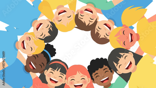 Diverse cartoon children in circle laughing joyfully