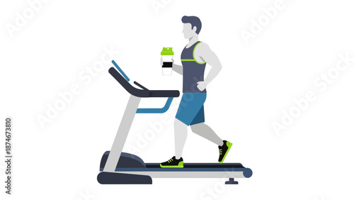 Man exercising on treadmill with energy drink in vibrant fitness setting