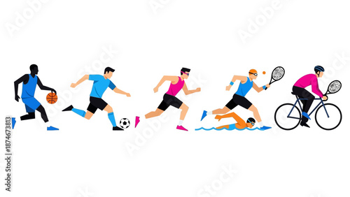 Colorful flat sports icons featuring athletes playing basketball, soccer, running, swimming, and cycling