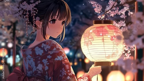 Anime girl in a kimono with a lit lantern in her hands.