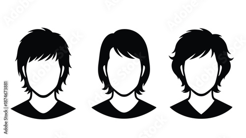 Three different female hairstyles presented as a dark silhouette