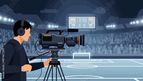Person filming basketball game with camera in animated stadium scene