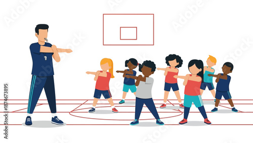 Children participating in physical education class with teacher on basketball court