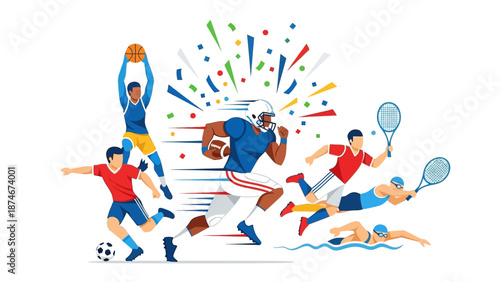 Dynamic sports figures in motion with colorful celebration and energy