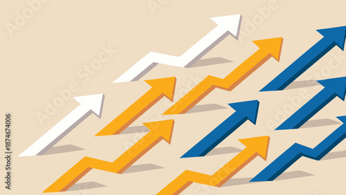 Colorful arrows pointing upwards in various directions on beige background