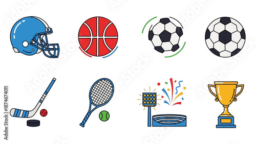 Colorful sports icon set featuring various equipment in a modern flat design