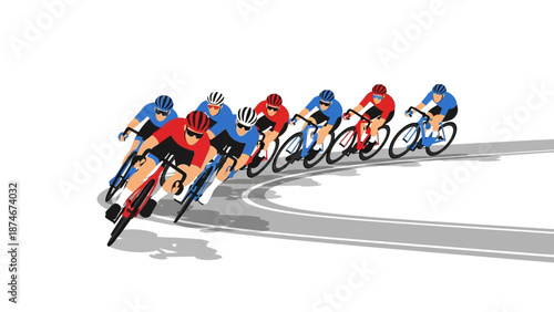 Cyclists racing in close formation: dynamic flat style art with bold colors