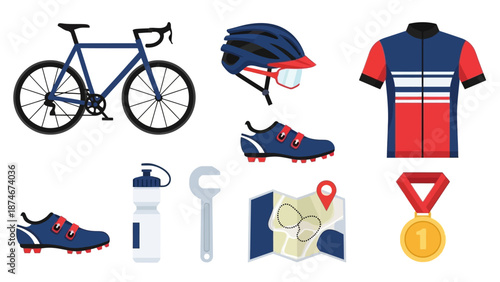 Comprehensive cycling set with bicycle, helmet, gear, and accessories for enthusiasts and athletes