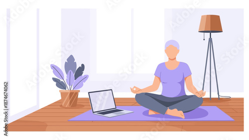Calm yoga practice in modern minimalist living room with laptop and indoor plant