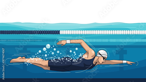 Dynamic swimmer in action: flat style aquatic sport in blue tones