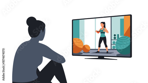 Home workout with online fitness tutorial on tv in modern flat design