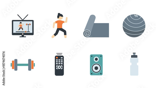 Home workout essentials: fitness icons with yoga mat, dumbbells, and more