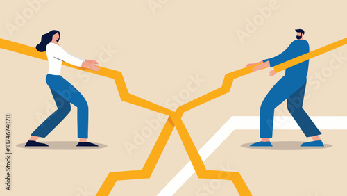 Businesspeople engaged in a tug of war with a broken line