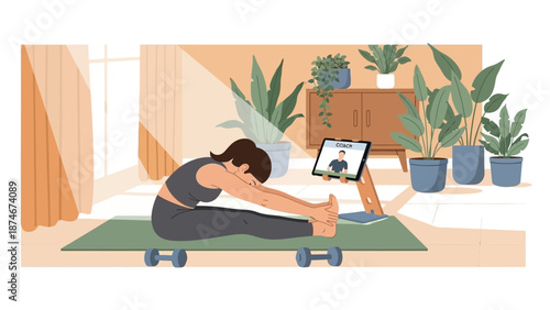 Home workout routine: woman practicing yoga with online coach in modern interior