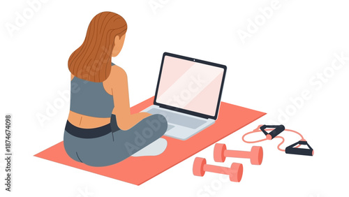 Home fitness exercise: woman practicing yoga with laptop on mat