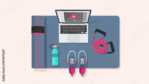 Home fitness setup with laptop for online workouts in flat design style