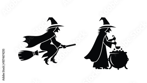 Two witches on brooms and with a cauldron a halloween graphic silhouette