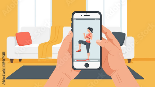 Home workout video: virtual training in a cozy living room setting