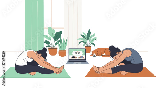 Women practicing yoga at home with online class and relaxing pets in minimalist space