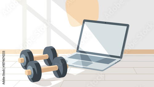 Fitness home office: laptop and dumbbells on sunlit floor for hybrid living