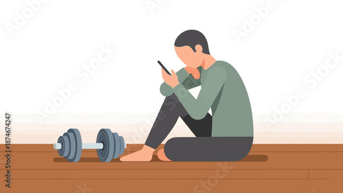 Person contemplating fitness goals with dumbbell and smartphone in modern flat design