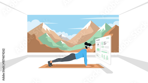 Virtual fitness: home workout with mountain backdrop and digital trainer interface