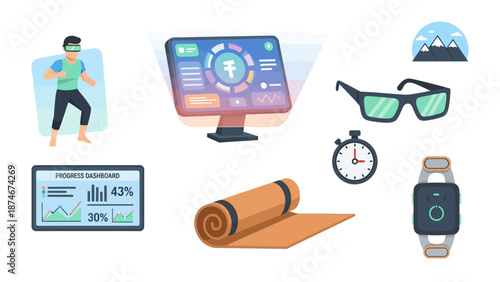 Virtual fitness training concept with wearable tech and digital elements