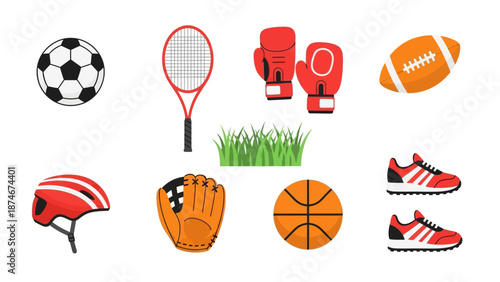 Collection of flat sports equipment and accessories for various games and activities