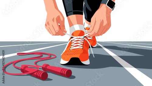 Preparing for fitness: tying running shoes on track with jump rope nearby