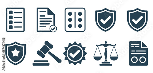 Compliance and legal regulations glyph icon set, solid blue icons including gavel, shield, approved document, and checklist symbols, ideal for business, government, policy, verification, and legal 