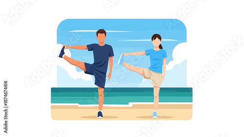 Couple exercising on beach in modern flat style with ocean view and clear sky