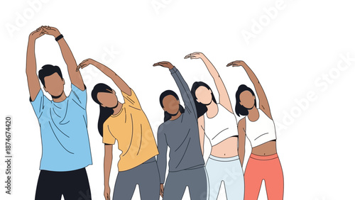 Group fitness routine: diverse people exercising together in casual outfits