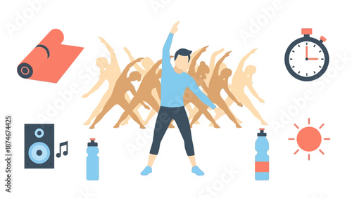 Morning fitness routine with yoga, stretching, and music elements in a flat style