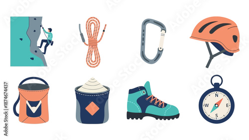 Essential climbing gear set: helmet, rope, carabiner, and more for outdoor adventures