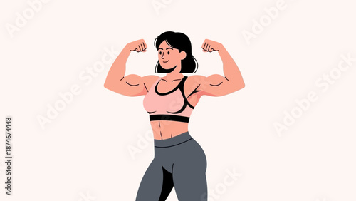 Confident woman flexing muscles in fitness apparel on minimalist background