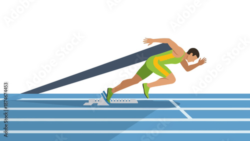 Athlete sprinting from starting block on track in flat design