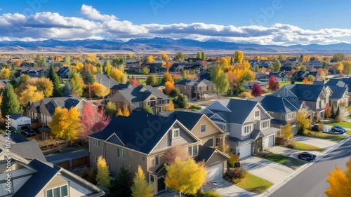 Suburban neighborhood with houses in autumn, aerial shot.
