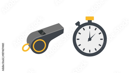 Flat style whistle and stopwatch: sports equipment icons for training and timing