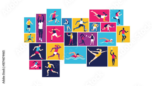 Colorful sports montage featuring diverse athletes in dynamic poses