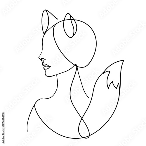 Fox woman character with tail line art illustration